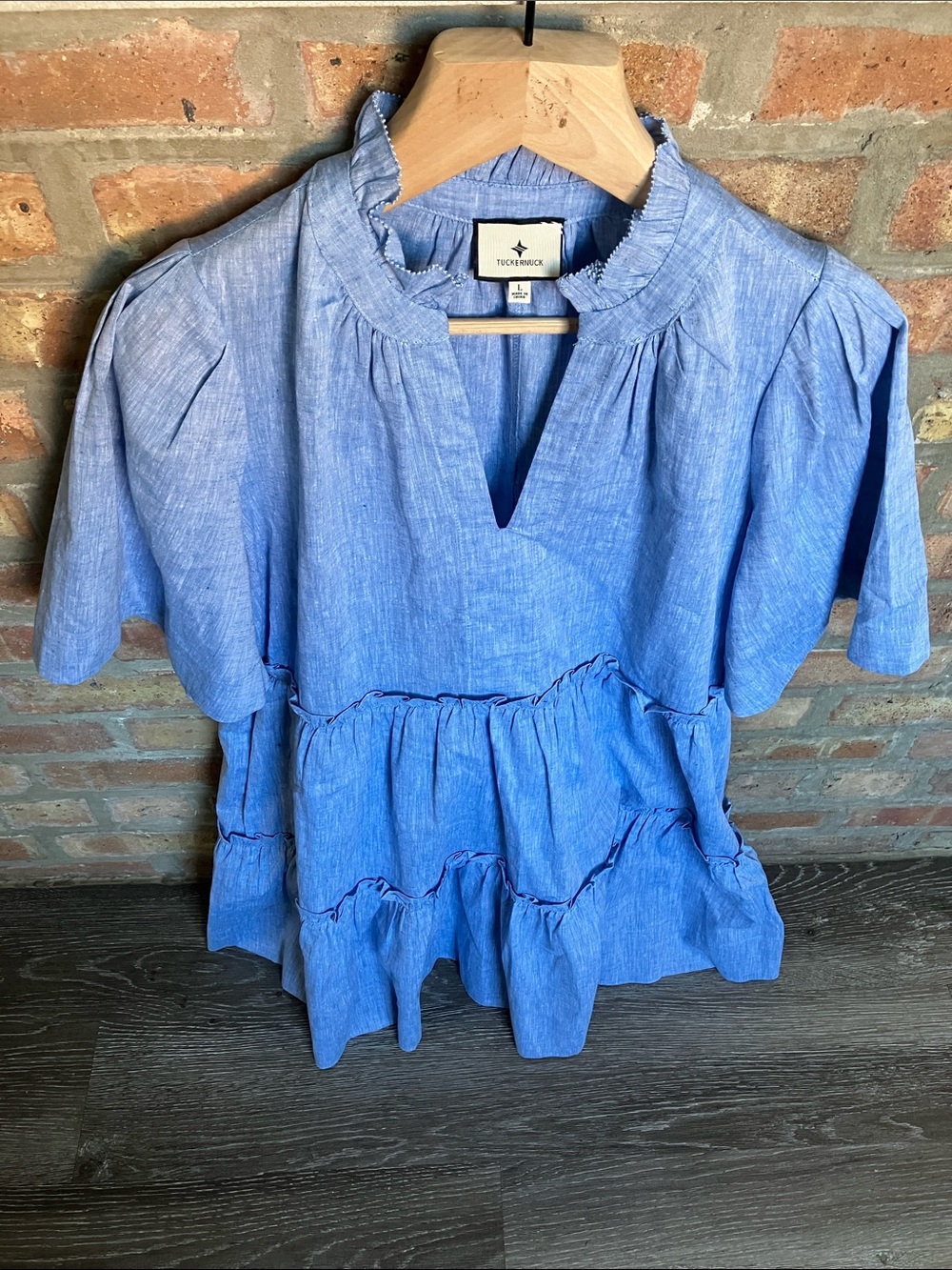 Tuckernuck Chambray Crawford Tiered Ruffle-Sleeve Dress in Light Blue - Picture 2 of 16